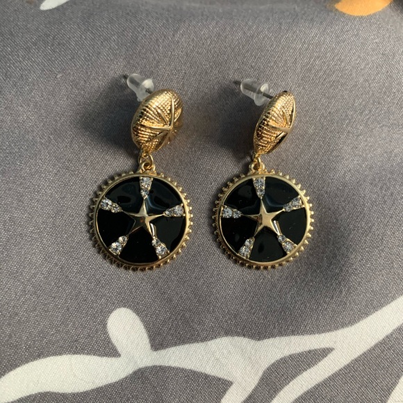 Black & Gold Star Coin Drop Earrings Crystals NWT - Picture 4 of 8